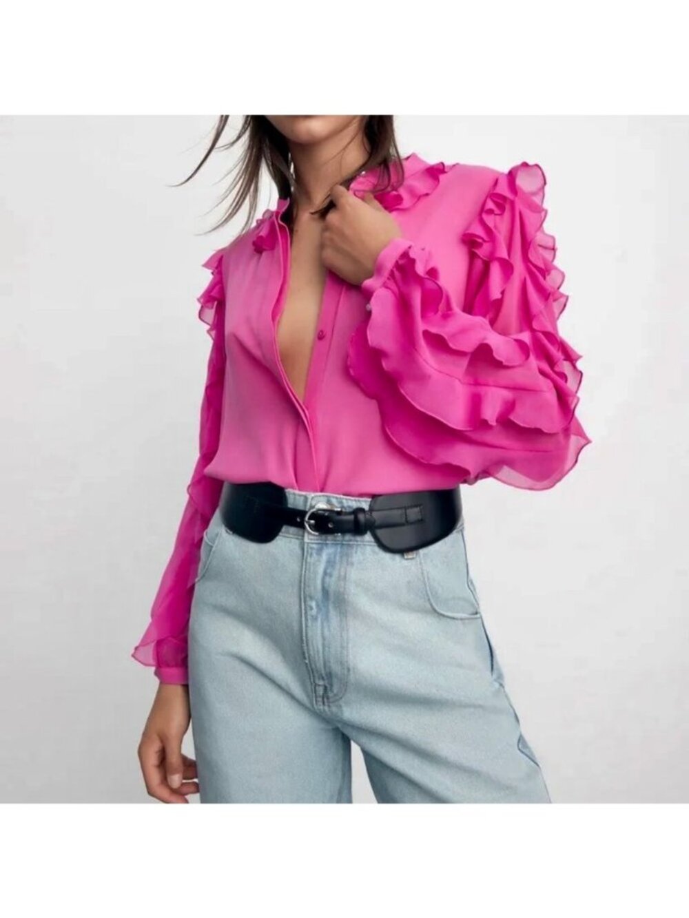 Zara Sheer Pink Ruffle Blouse XS Button-Down Long Sleeves Statement Top